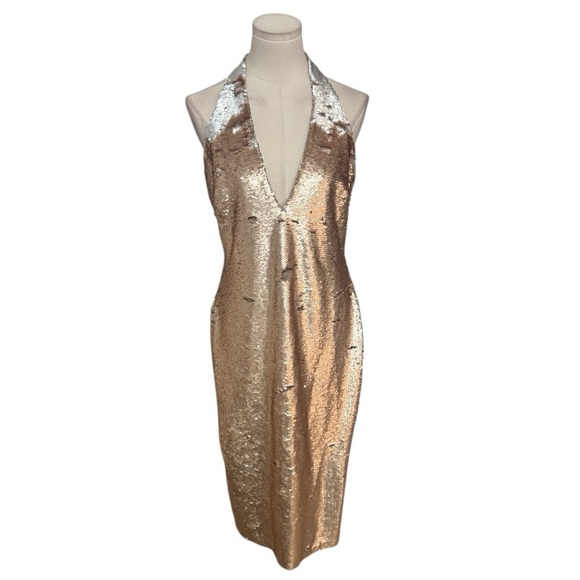Alexia Admor Gold Silver Sequin V-Neck Halter Party Event Dress Size 8 Holiday - Picture 1 of 8